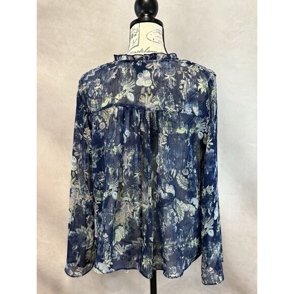 Ana Women’s Beautiful Blue Floral LS Blouse With Tassel Collar Size S - Picture 3 of 5